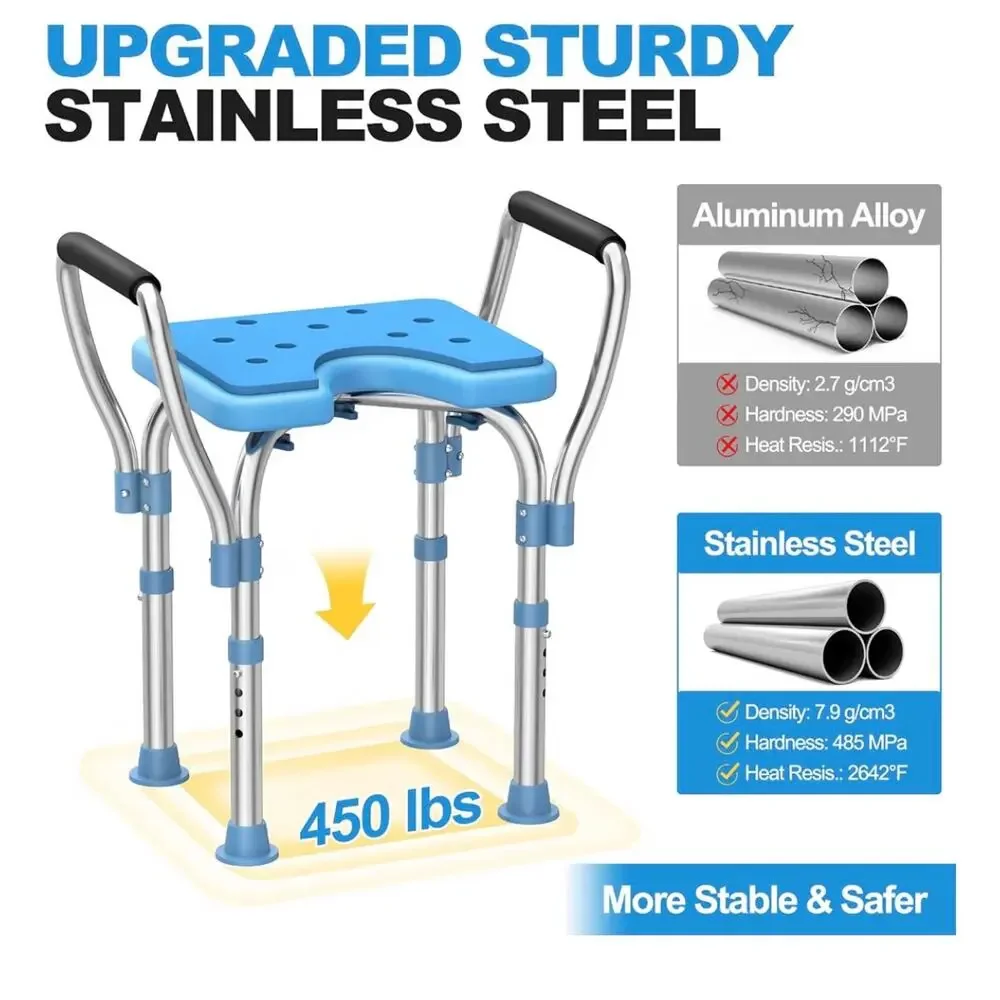 Adjustable Shower Chair with Arms & Back Support Handles – 450 lb Capacity